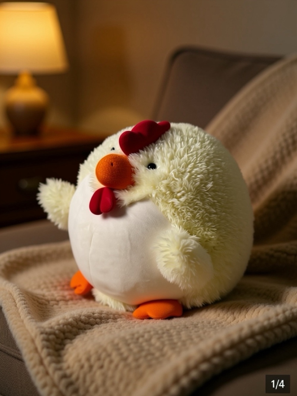 Round Plush Chicken Pillow in Cream with Orange & Red Accents